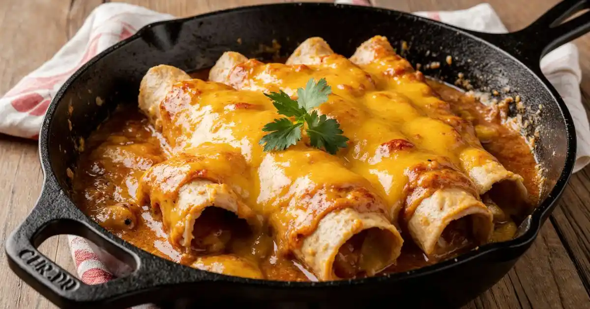 Close-up of baked chicken enchiladas with melted cheese and toppings