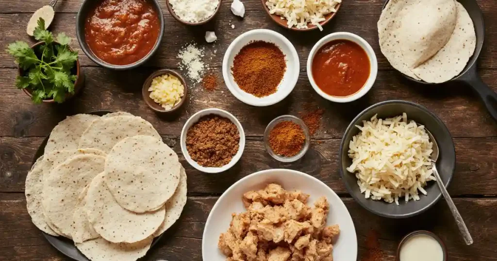 Ingredients for easy chicken enchilada recipe laid out on table