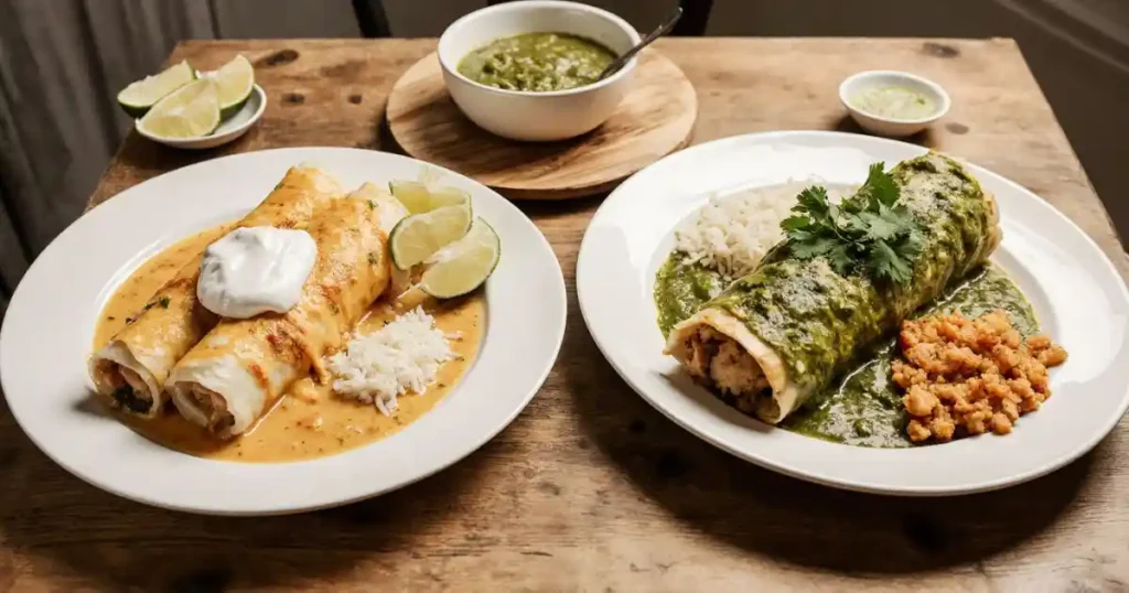 Plate of creamy white chicken enchiladas next to green enchiladas with tomatillo sauce, served with rice and beans on a rustic wooden table