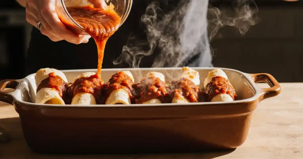 Pouring enchilada sauce over filled tortillas before baking