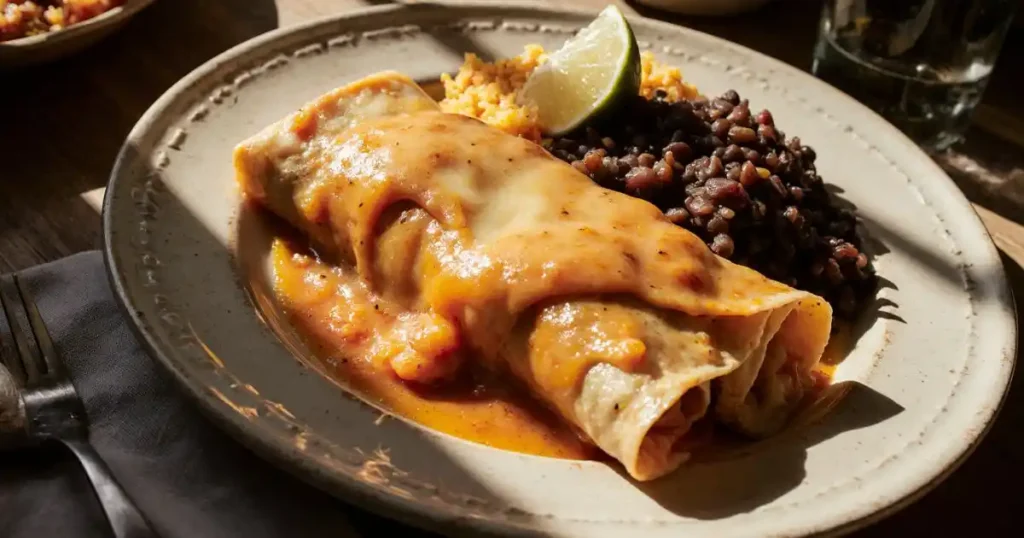 Serving cheesy chicken enchiladas with rice and beans on the side